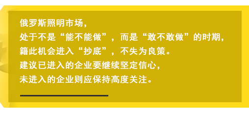 俄羅斯照明市場，處于不是“能不能做”，而是“敢不敢做”的時期，籍此機會進入“抄底”，不失為良策。建議已進入的企業(yè)要繼續(xù)堅定信心，未進入的企業(yè)則應保持高度關注。