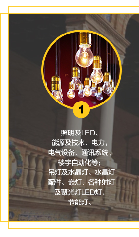 照明及LED、能源及技術(shù)、電力，電氣設(shè)備、通訊系統(tǒng)、樓宇自動化等；吊燈及水晶燈、水晶燈配件、嵌燈、各種射燈及聚光燈LED燈、節(jié)能燈、